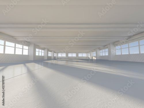 Sunny big open area with windows. 3D rendering.