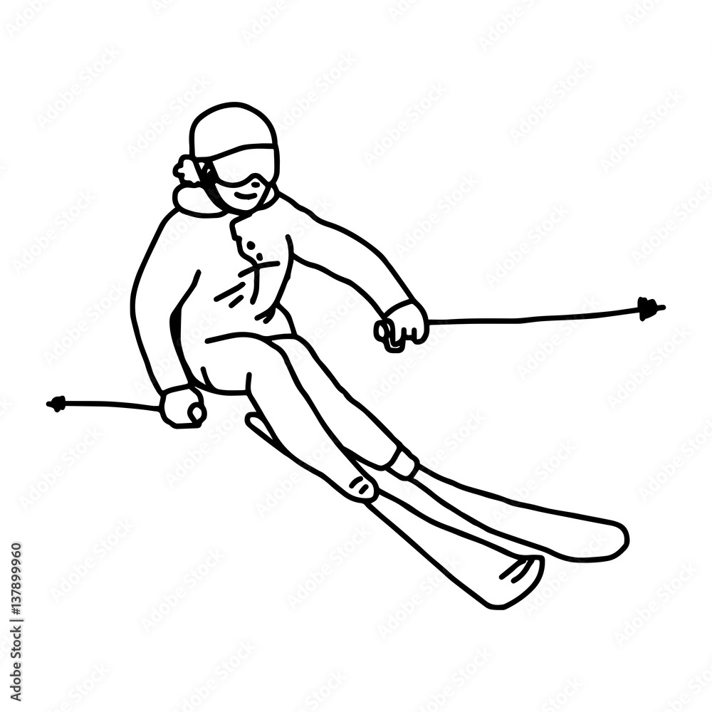 Mountain skier - vector illustration sketch hand drawn with black lines, isolated on white background