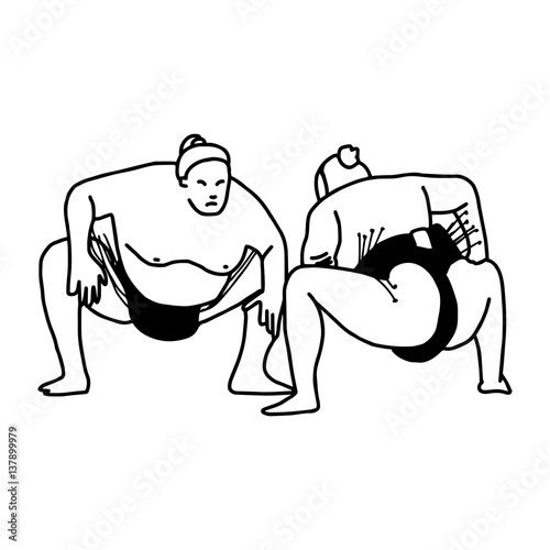 Sumo wrestling fight - vector illustration sketch hand drawn with black lines, isolated on white background