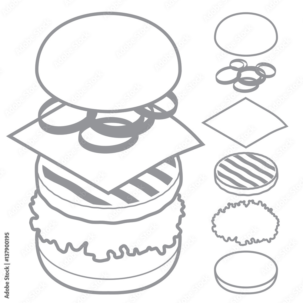 3d burger, cheeseburger, set of ingredients bread, meat, cheese, line art illustration