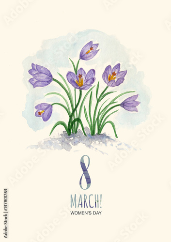 Watercolor greeting card 8 March with snowdrops