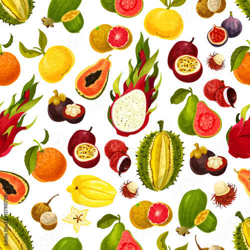 Fototapeta Naklejka Na Ścianę i Meble -  Exotic tropical fruits vector seamless pattern