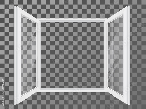 White open double plastic window with transparent and reflective glass. Vector detailed illustration.