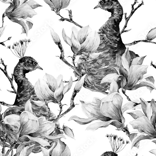 Seamless Watercolor Pattern with Pair of Peacock, Flowers Magnol photo