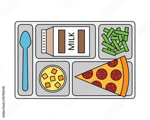 Lunch on a tray: pepperoni pizza, chocolate milk, green beans and fruit jelly.  Line style. Vector illustration. 