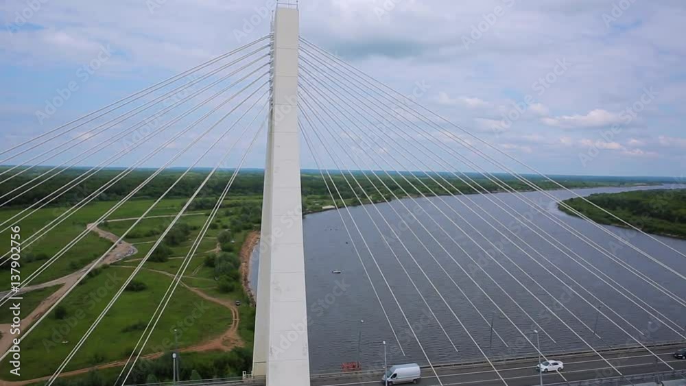 aerial shot beautiful bridge over the river Oka in Murom, Russia aerial shot beautiful bridge over the river Oka in Murom, Russia