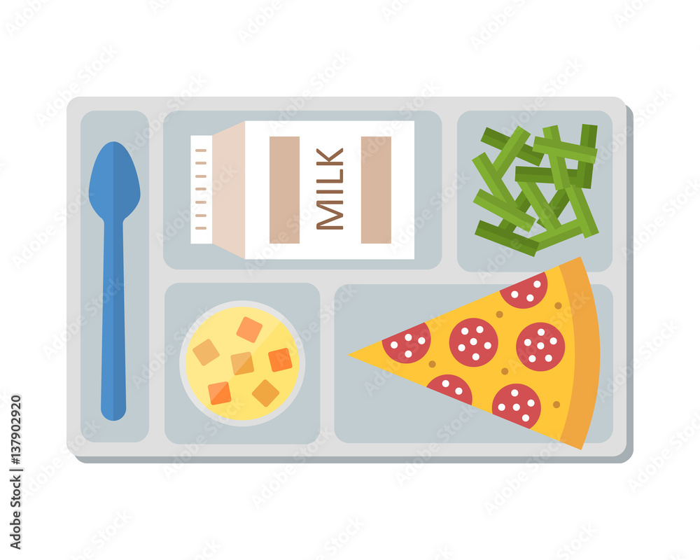 Lunch on a tray: pepperoni pizza, chocolate milk, green beans and fruit jelly. Flat design. Vector illustration. 