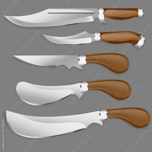 Hunting knife with wooden handle in a realistic style for use as logos on cards, in printing, posters, invitations, web design and other purposes.