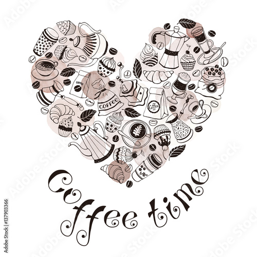 Coffee time poster concept. Coffee party greeting card design. Hand drawn line art illustration with teapots, cups and sweets in heart shape.