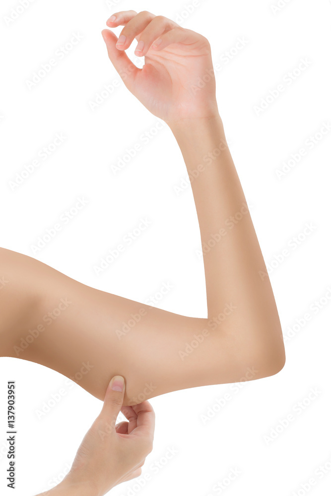 Woman checking her triceps and seems like to be fat, Isolated on white background. Woman checking her triceps and seems like to be fat, Isolated on white background.