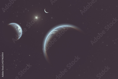 Fototapeta Naklejka Na Ścianę i Meble -  Sunrise/sunset above alien horizon and thousands Milky Way stars.