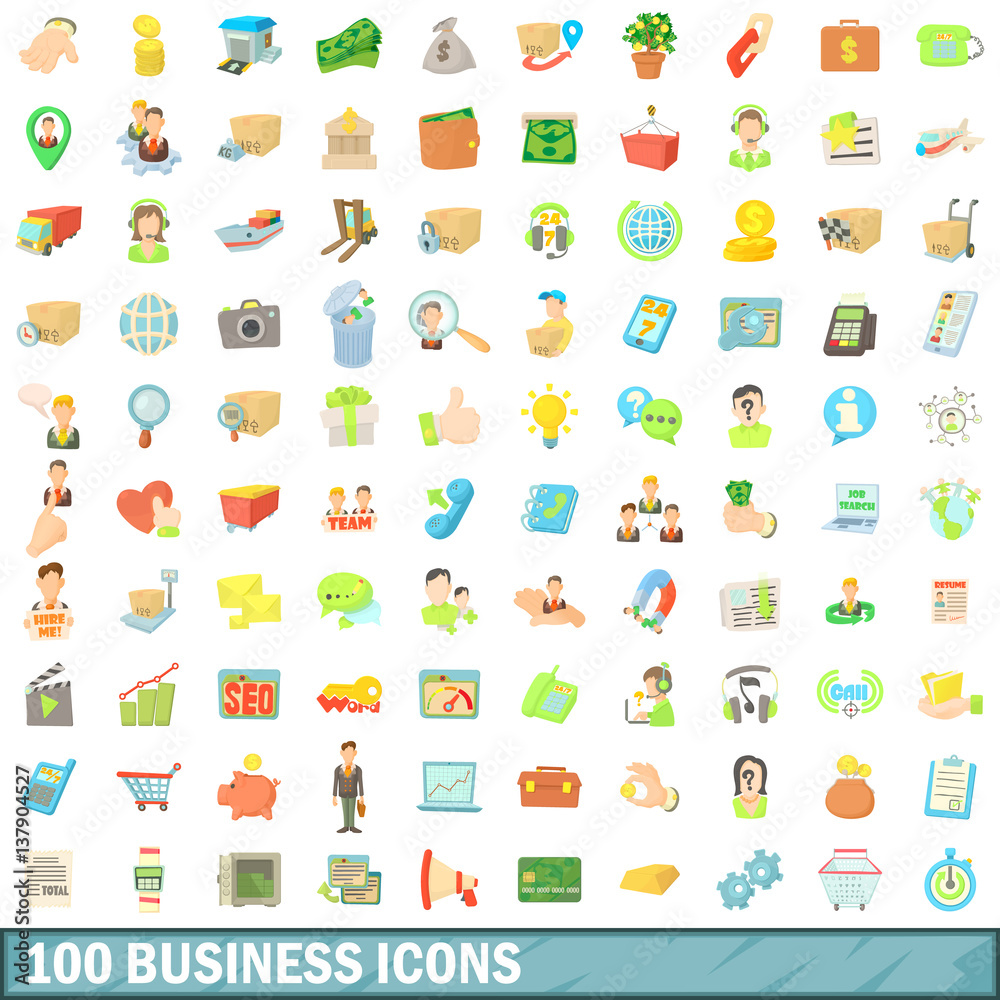 100 business icons set, cartoon style