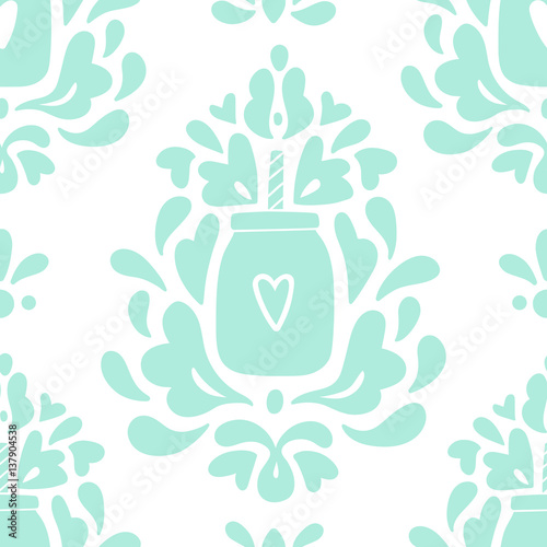 Cute smoothie jar ornament background. Vector hand drawn seamless pattern