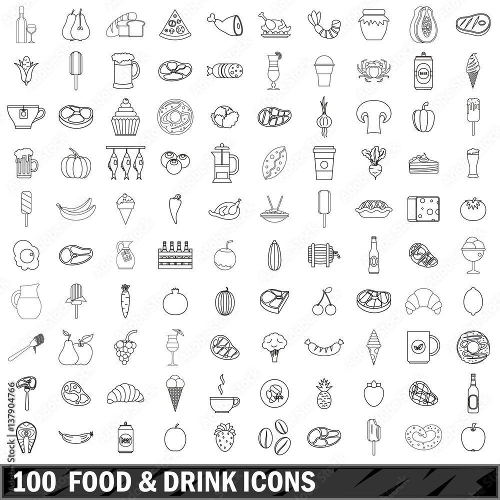 100 food and drink icons set, outline style 100 food and drink icons set, outline style