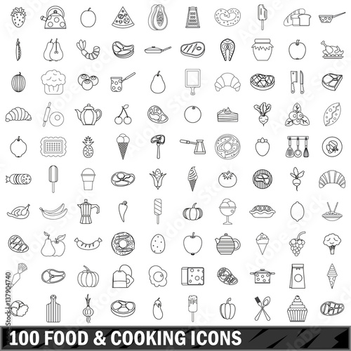 100 food and cooking icons set, outline style