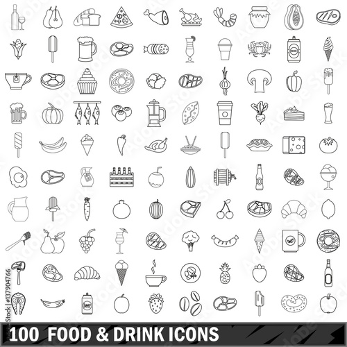 100 food and drink icons set, outline style