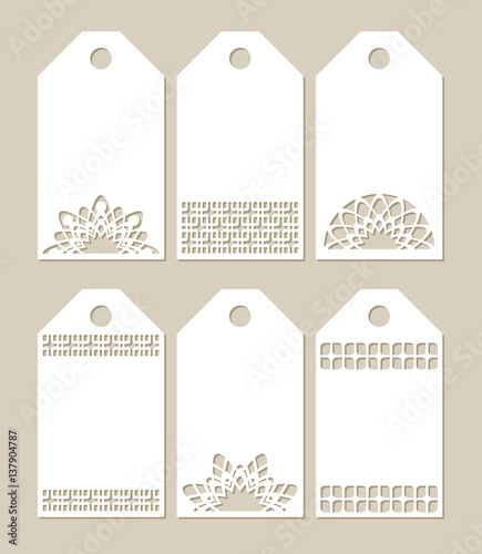 Set stencil labels with carved openwork pattern. Image suitable for laser cutting photo