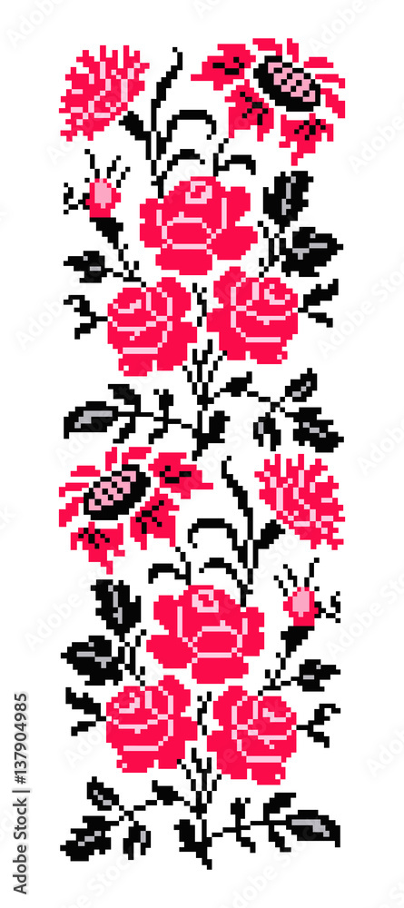 Bouquet of flowers (roses, cloves and sunflowers) using traditional Ukrainian embroidery elements. Pink tones. Border pattern. Can be used as pixel-art. Bouquet of flowers (roses, cloves and sunflowers) using traditional Ukrainian embroidery elements. Pink tones. Border pattern. Can be used as pixel-art.