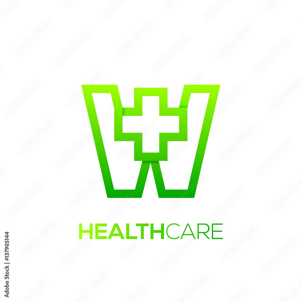 Fototapeta premium Letter W cross plus logo Green color,Medical healthcare hospital Logotype