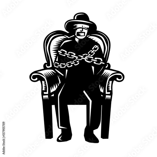 Man Gagged Chained to Grand Arm Chair Woodcut photo