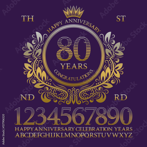 Happy anniversary sign kit. Golden numbers, alphabet, frame and some words for creating celebration emblems.