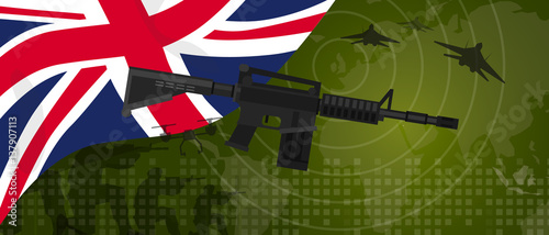 UK United Kingdom England Britain military power army defense industry war and fight country national celebration with gun soldier jet fighter and radar