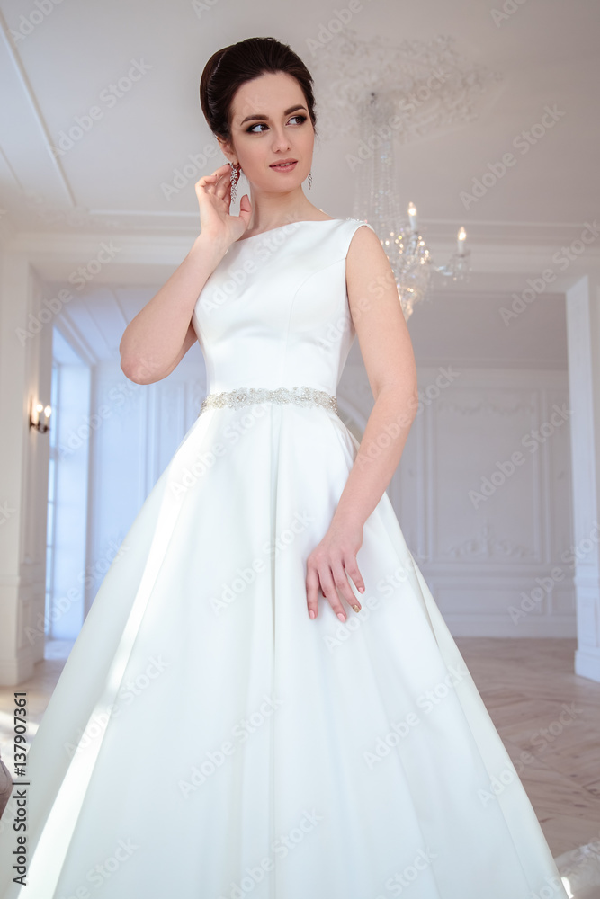 portrait of beautiful brunette bride with elegant hairstyle and makeup wearing long luxury wedding dress portrait of beautiful brunette bride with elegant hairstyle and makeup wearing long luxury wedding dress