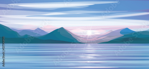 Vector sea scene sunset, mountains background.