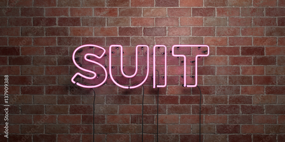SUIT - fluorescent Neon tube Sign on brickwork - Front view - 3D rendered royalty free stock picture. Can be used for online banner ads and direct mailers.. SUIT - fluorescent Neon tube Sign on brickwork - Front view - 3D rendered royalty free stock picture. Can be used for online banner ads and direct mailers..