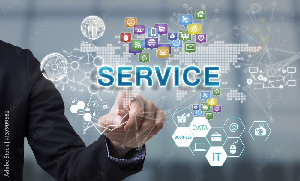 Businessman hand chooses Service wording on interface screen. internet technology service concept. can used for cover page presentation and web banner. Businessman hand chooses Service wording on interface screen. internet technology service concept. can used for cover page presentation and web banner.