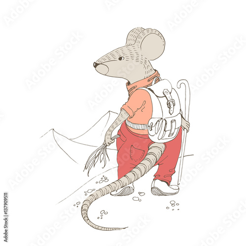 Vector mouse pants and jacket standing on a mountain with a backpack