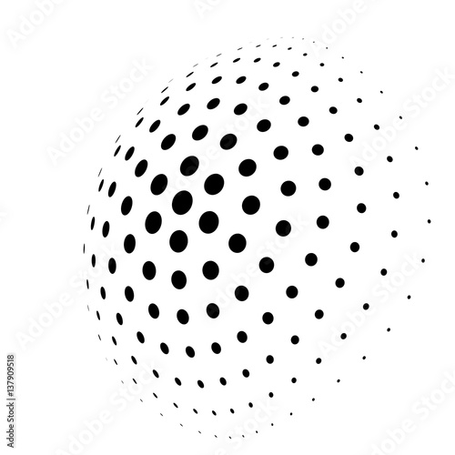 Abstract halftone 3D sphere of circle dots in radial arrangement. Simple modern design vector element in black and white.