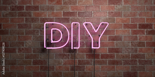 DIY - fluorescent Neon tube Sign on brickwork - Front view - 3D rendered royalty free stock picture. Can be used for online banner ads and direct mailers..