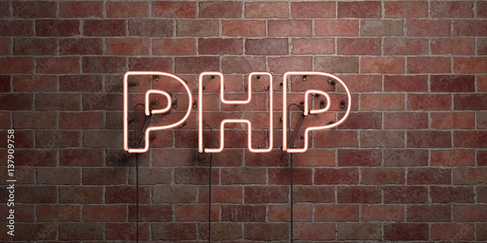 Fototapeta premium PHP - fluorescent Neon tube Sign on brickwork - Front view - 3D rendered royalty free stock picture. Can be used for online banner ads and direct mailers..