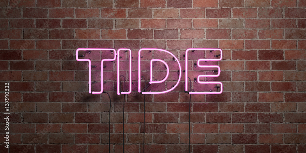 Fototapeta premium TIDE - fluorescent Neon tube Sign on brickwork - Front view - 3D rendered royalty free stock picture. Can be used for online banner ads and direct mailers..
