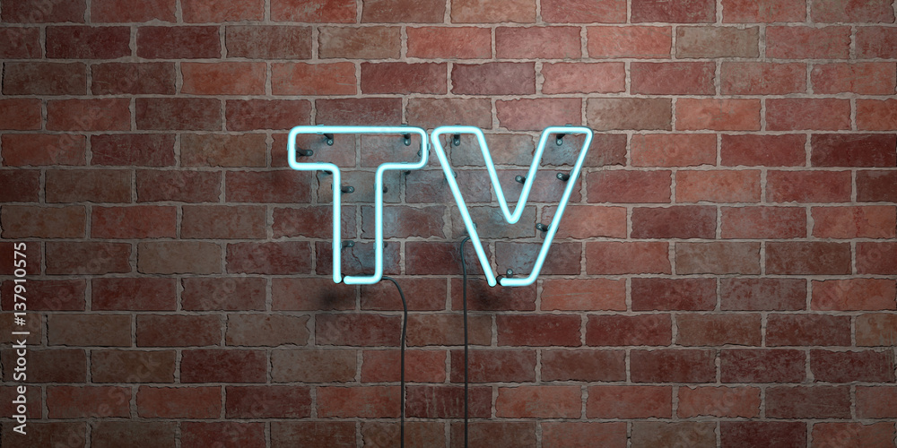 TV fluorescent Neon tube Sign on brickwork Front view 3D rendered