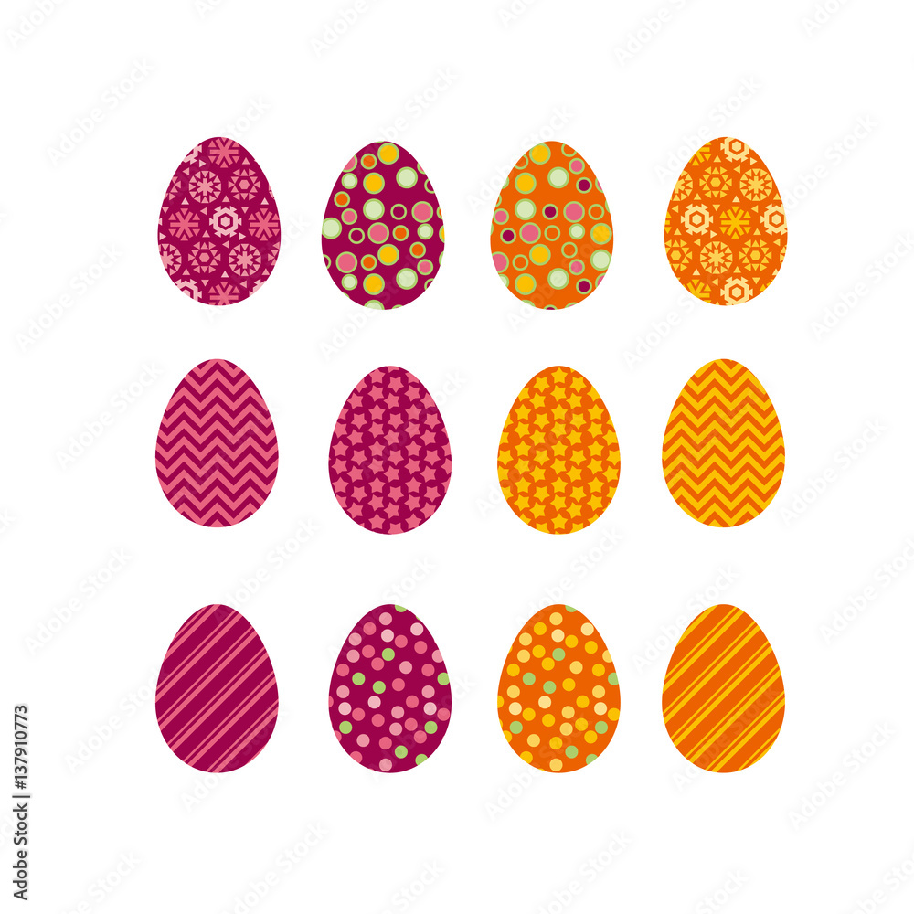 Set of color Easter eggs. Traditional symbol of Easter isolated on white background. Easter egg vector illustration for pattern, cards, decoration. Set of color Easter eggs. Traditional symbol of Easter isolated on white background. Easter egg vector illustration for pattern, cards, decoration.