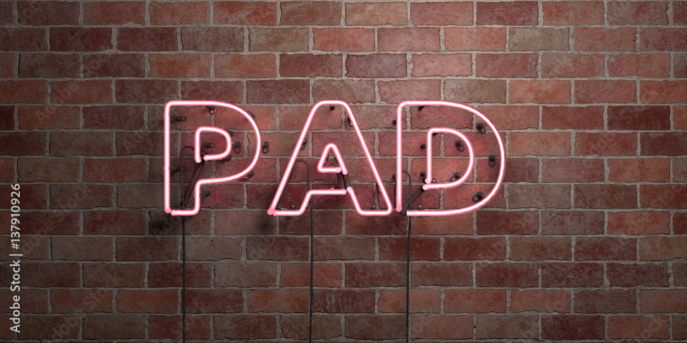 PAD - fluorescent Neon tube Sign on brickwork - Front view - 3D rendered royalty free stock picture. Can be used for online banner ads and direct mailers..