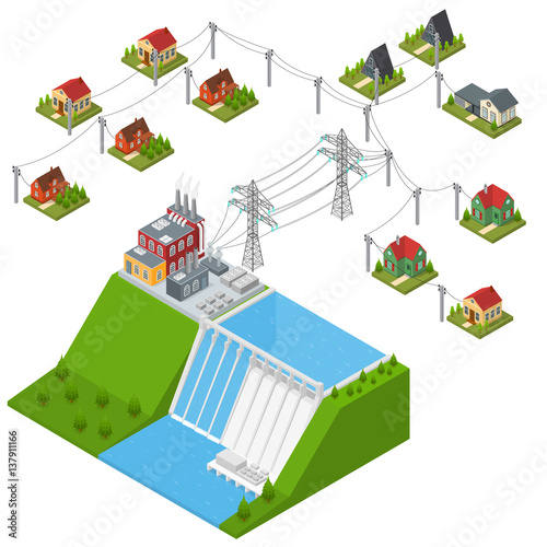Hydroelectricity Power Station Isometric View. Vector
