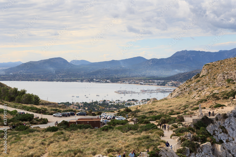 Fototapeta premium Port de Pollenca mountain panorama and Mediterranean Sea, Majorca, Spain