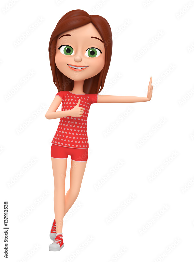 Cheerful little girl isolated on white background leaned and showing thumbs up. Illustrations 3d rendering. Cheerful little girl isolated on white background leaned and showing thumbs up. Illustrations 3d rendering.