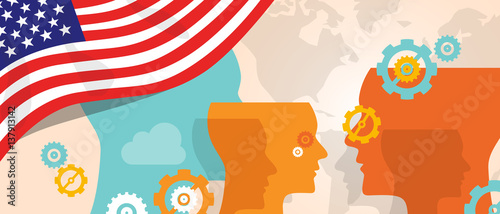 USA United States of America concept of thinking growing innovation discuss country future brain storming under different view represented with heads gears and flag