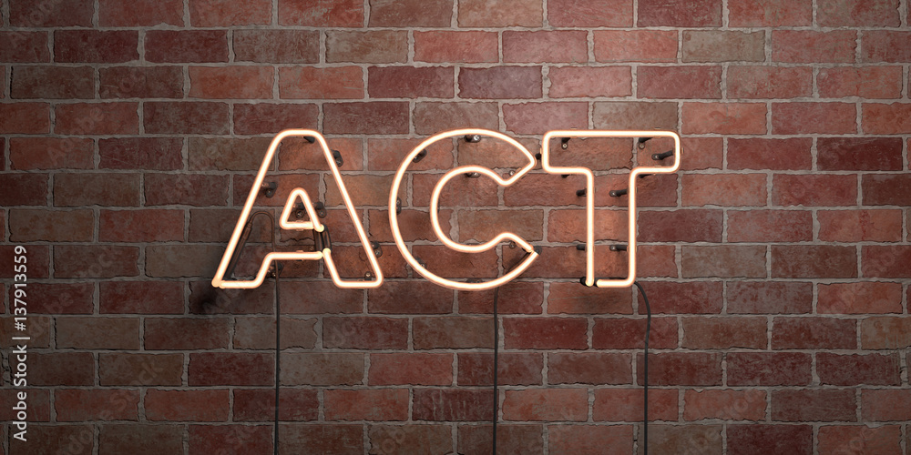 ACT - fluorescent Neon tube Sign on brickwork - Front view - 3D rendered royalty free stock picture. Can be used for online banner ads and direct mailers.. ACT - fluorescent Neon tube Sign on brickwork - Front view - 3D rendered royalty free stock picture. Can be used for online banner ads and direct mailers..