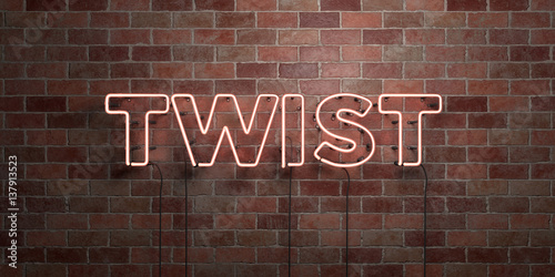TWIST - fluorescent Neon tube Sign on brickwork - Front view - 3D rendered royalty free stock picture. Can be used for online banner ads and direct mailers..