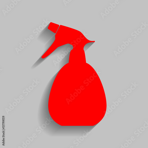 Spray bottle for cleaning sign. Vector. Red icon with soft shadow on gray background.