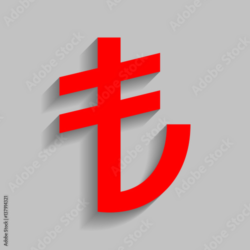 Turkiey Lira sign. Vector. Red icon with soft shadow on gray background. photo