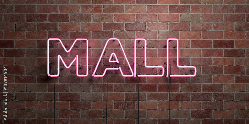 Obraz premium MALL - fluorescent Neon tube Sign on brickwork - Front view - 3D rendered royalty free stock picture. Can be used for online banner ads and direct mailers..
