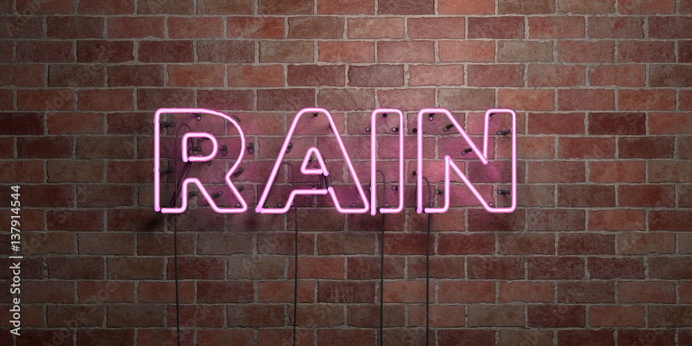Obraz premium RAIN - fluorescent Neon tube Sign on brickwork - Front view - 3D rendered royalty free stock picture. Can be used for online banner ads and direct mailers..