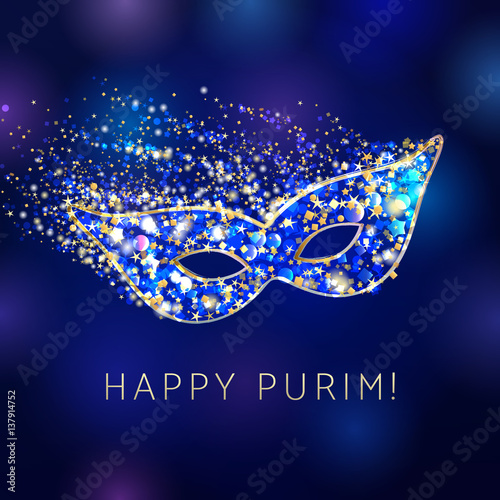 Happy Purim celebrating card. Decorative mask gold and blue colored. Hag purim sameach - happy purim, vector greetings.