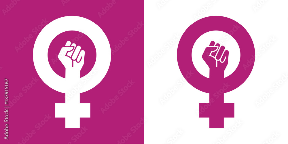 Icono plano simbolo feminismo con puño violeta y blanco - obrazy, fototapety, plakaty 
